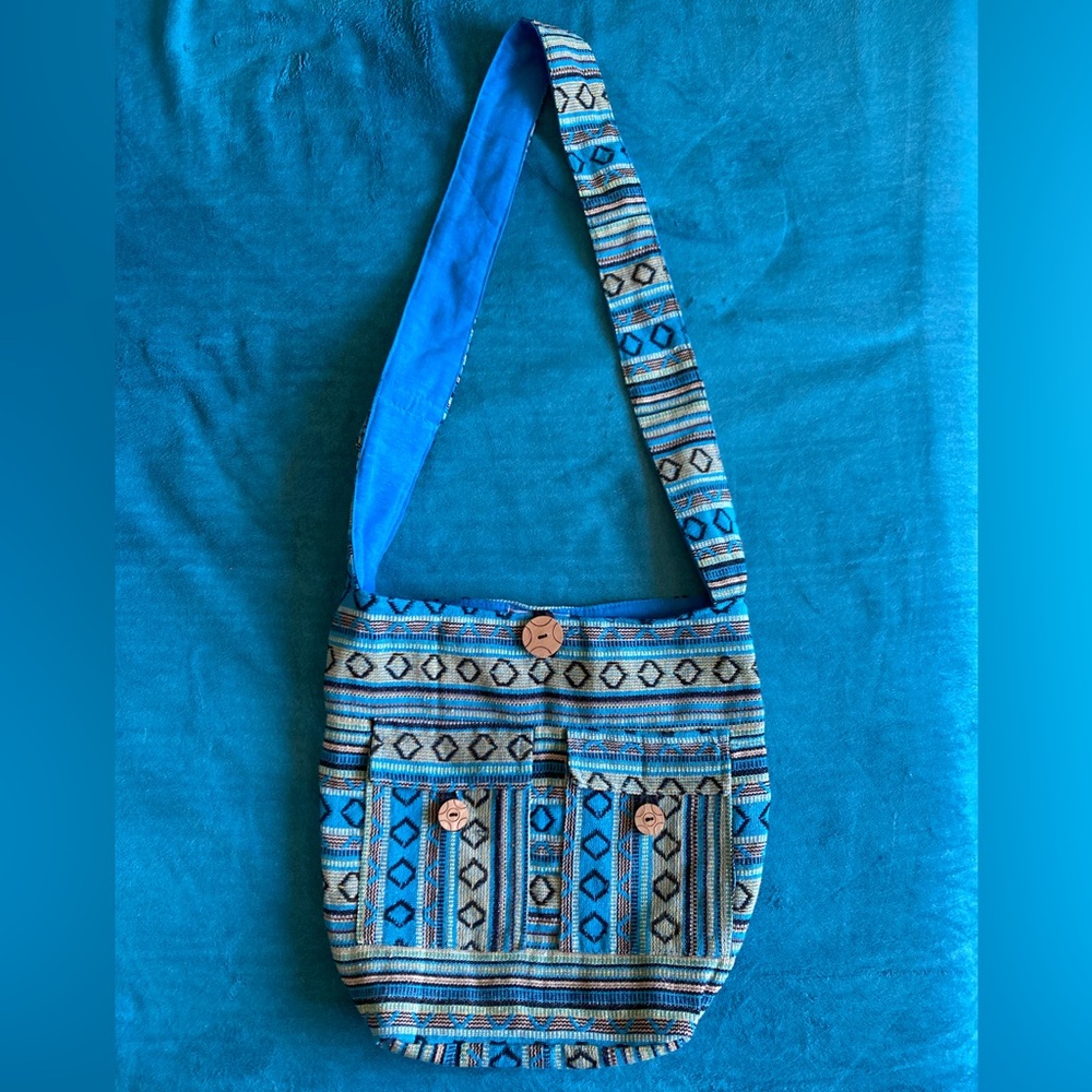 Blue Patterned Bohemian Hippie 100% Cotton Bag EUC